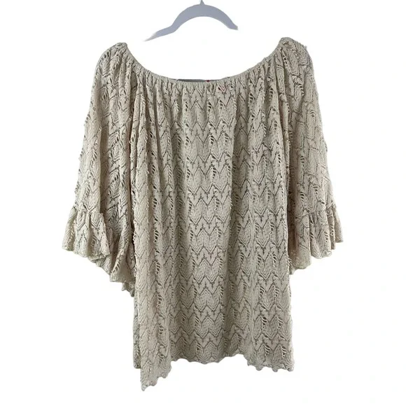Emma Rose Medium Boho Lace Tan Brown Ruflle Bell Sleeve Top Pullover - Picture 5 of 9